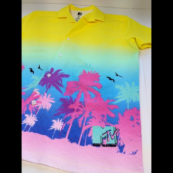 MTV Hawaiian Shirt Neon Colors Palm Trees 80s-Miami-Retro from 2024 RARE NEW Med - Picture 2 of 7